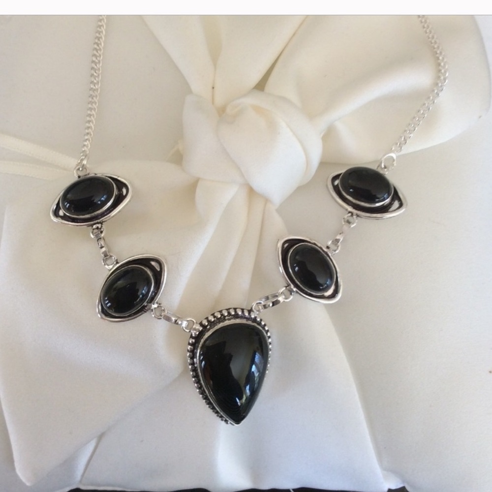 New 925 Sterling Silver Ethnic Black Onyx Handmade Necklace 18”
